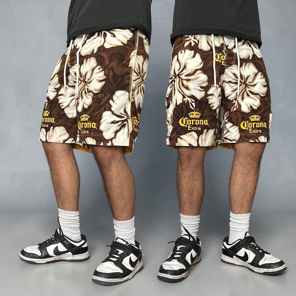 Corona Extra Board Shorts Brown Tropical Floral Swim Trunks Size 32 Medium Y2K